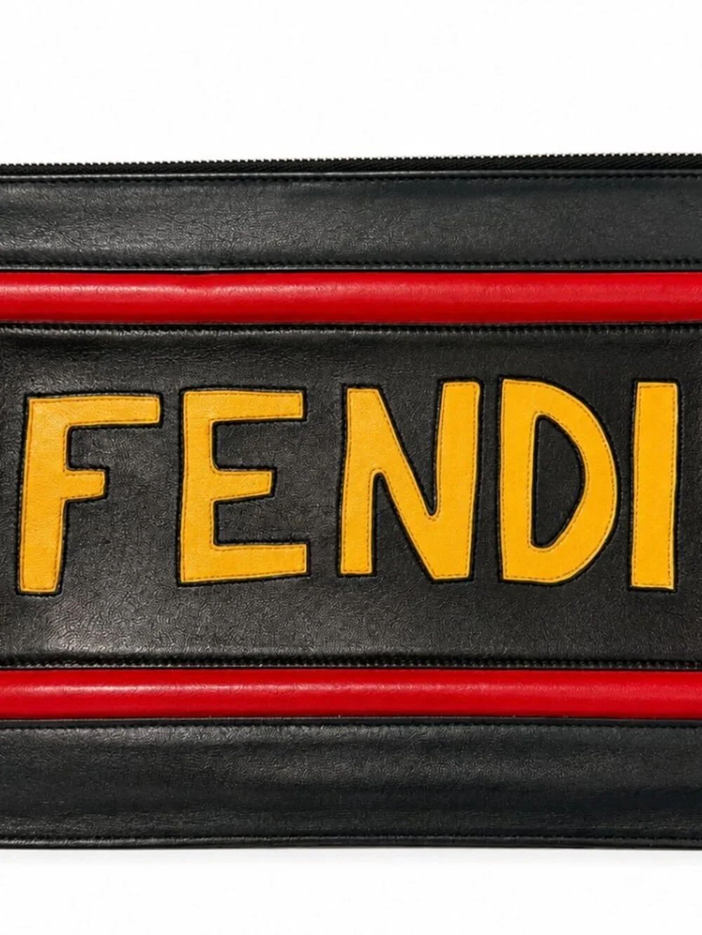 FENDI Black Leather Large Zip Pouch Clutch with THINK Patch